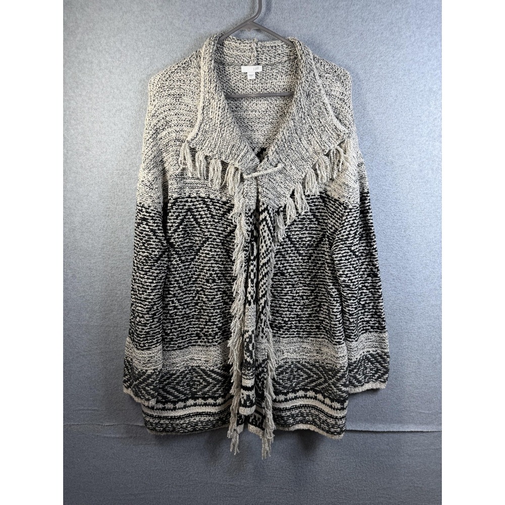 J Jill Cardigan Sweater Womens Large Gray Fringe Geometric Knit Open Front